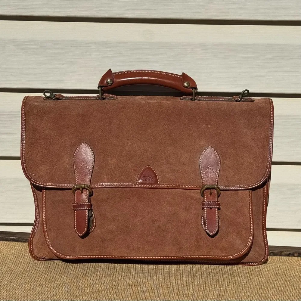 GoN Vintage Leather Suede Briefcase Messenger Bag Brown Plaid Lined 17”